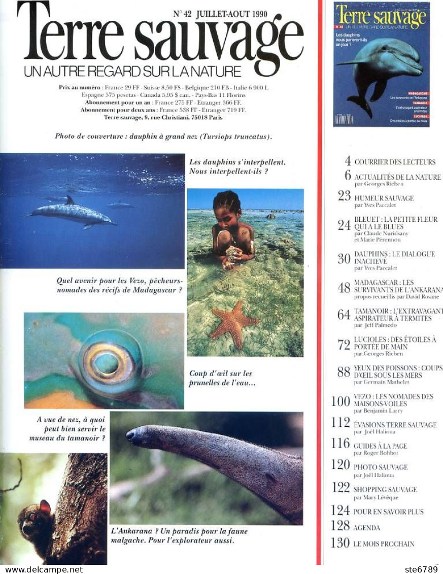 TERRE SAUVAGE N° 42 Animaux Dauphins  Tamanoir Lucioles Géographie  Madagascar Vezo Nomades Des Maisons Voiles - Animales
