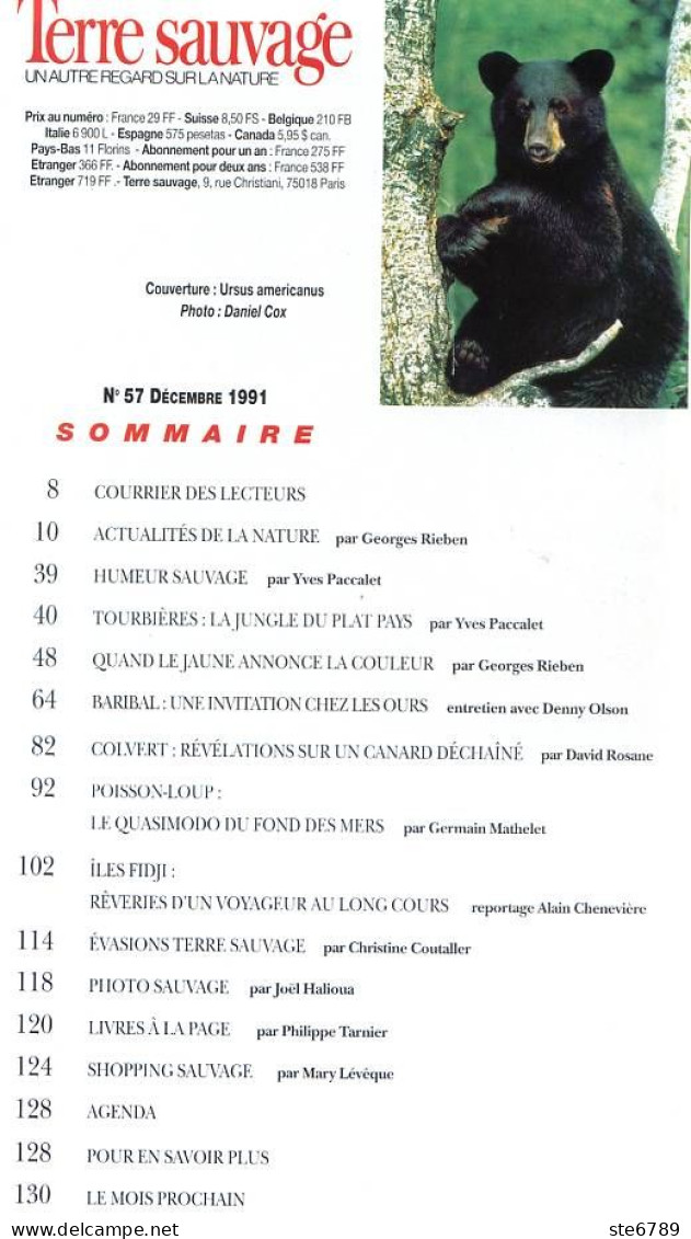 TERRE SAUVAGE N° 57 Animaux Ours , Canard Colvert , Poisson Loup  Géographie Hollande , Iles Fidji - Tierwelt