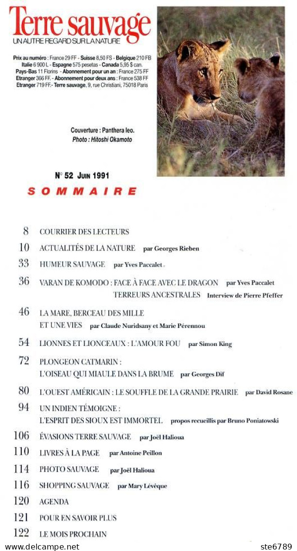 TERRE SAUVAGE N° 52 Animaux Lions ,Dragons Komodo , Plongeon Catmarin  Géographie Indiens Sioux , Ouest Américain - Animals