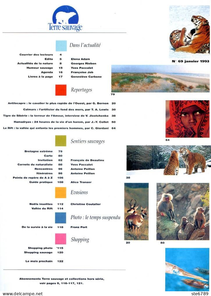 TERRE SAUVAGE N° 69 Animaux Tigre , Antilocapre , Calmars , Babouins Géographie Spécial BRETAGNE , Rift Africain - Animals