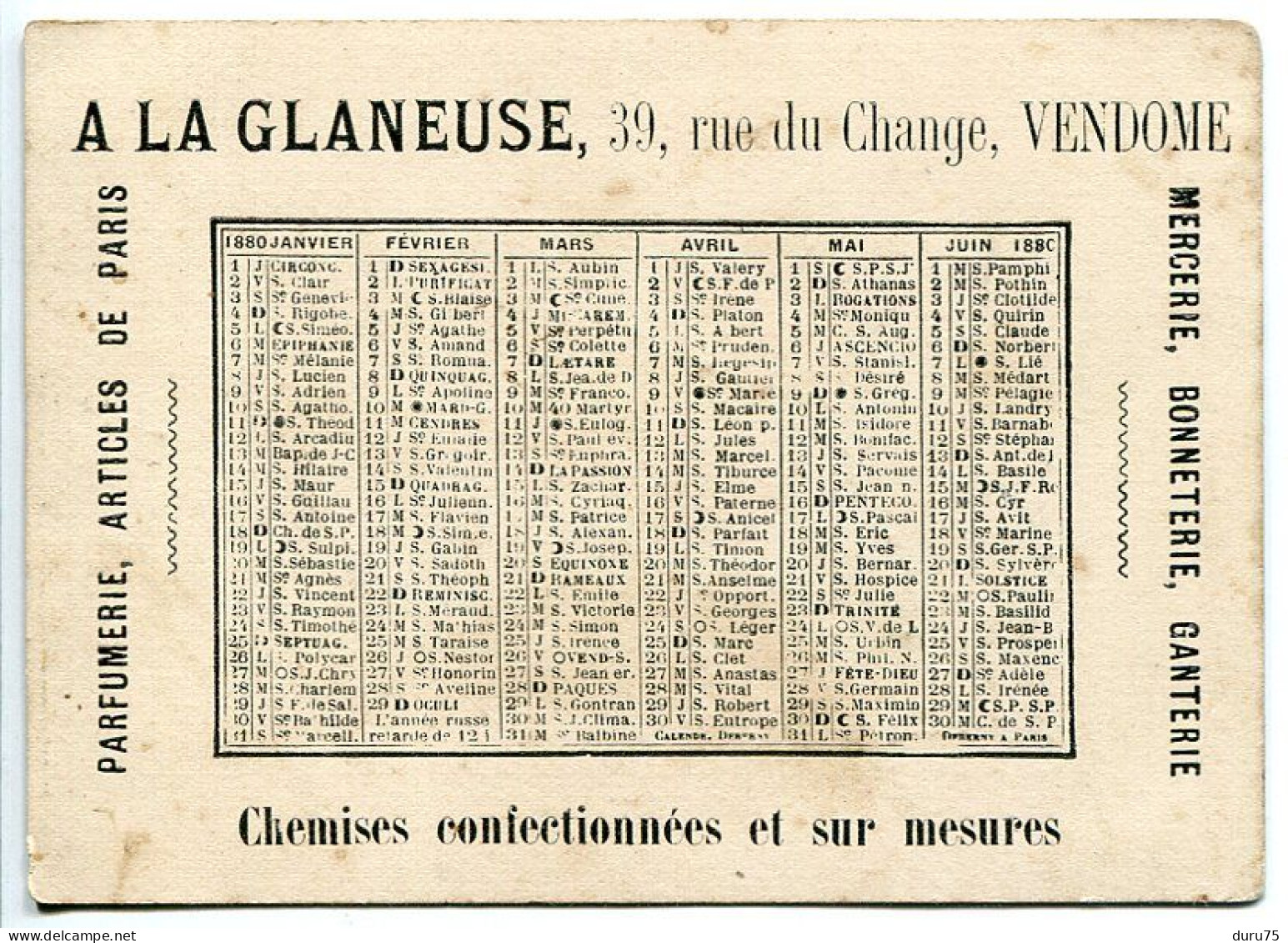 CHROMO IMAGE Avec CALENDRIER 1er Semestre 1880 * VENDOME Rue Du Change A LA GLANEUSE Parfumerie Chemises ... - Autres & Non Classés
