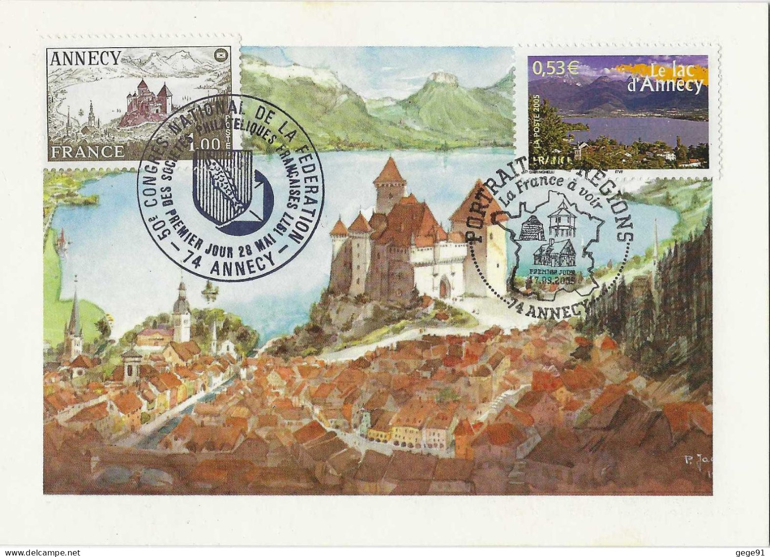 Cachet Illustré - Lac D'Annecy - Chateau Et Lac - Blason - Poisson - Portraits De Régions - Commemorative Postmarks