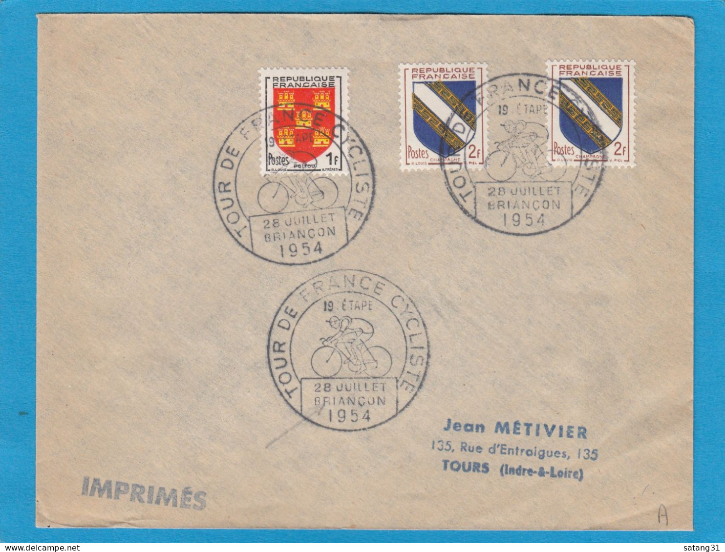 LETTRE AVEC CACHET " TOUR DE FRANCE CYCLISTE,19E ETAPE BRIANCON, 28 JUILLET 1954 ". - Covers & Documents