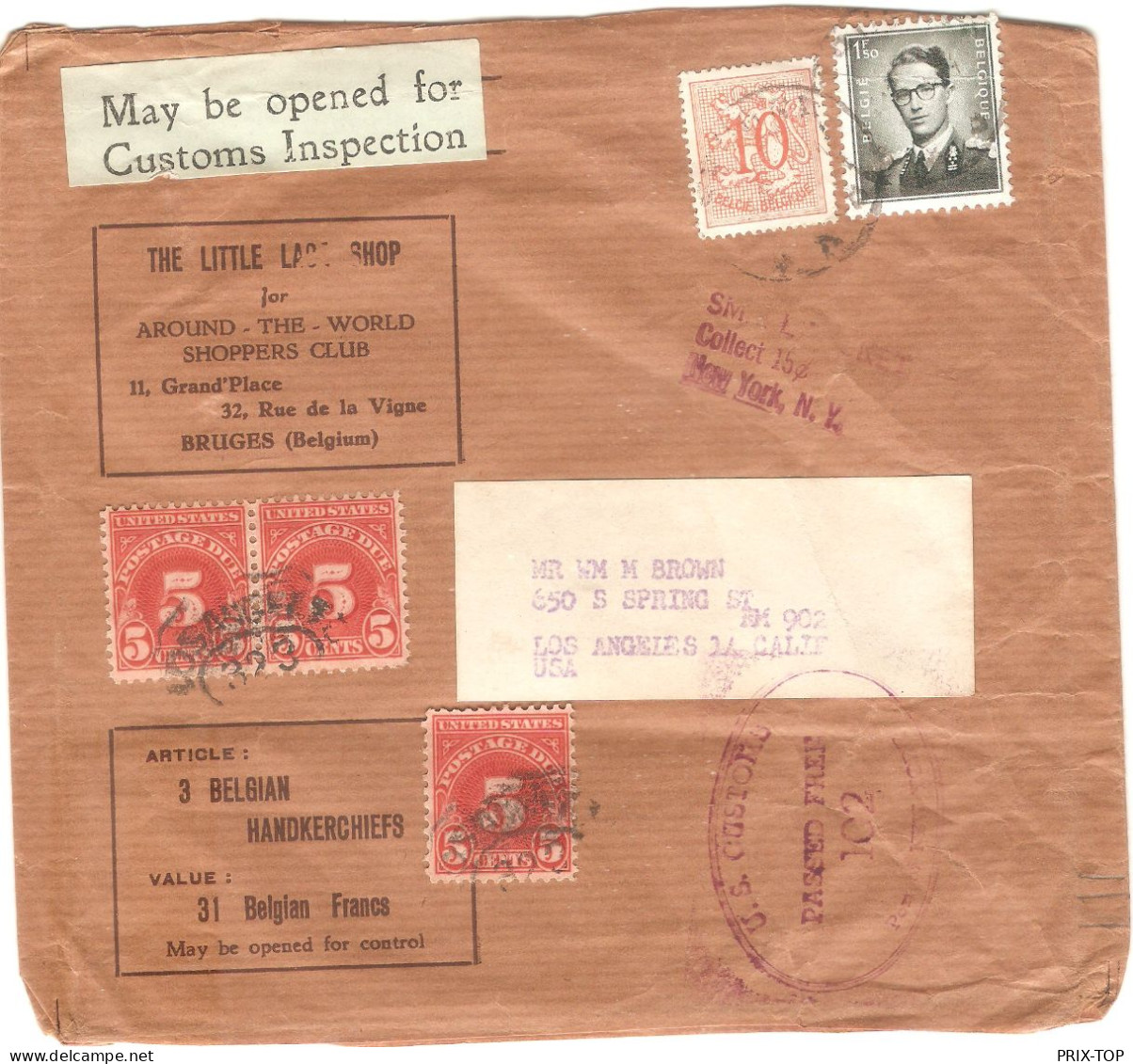 TP 924 Baudouin + TP S/ DVT De Colis Little Last Shop Bruges Obl. > Los Angeles Postage Due 15 C U.S. Customs Canc. - Storia Postale