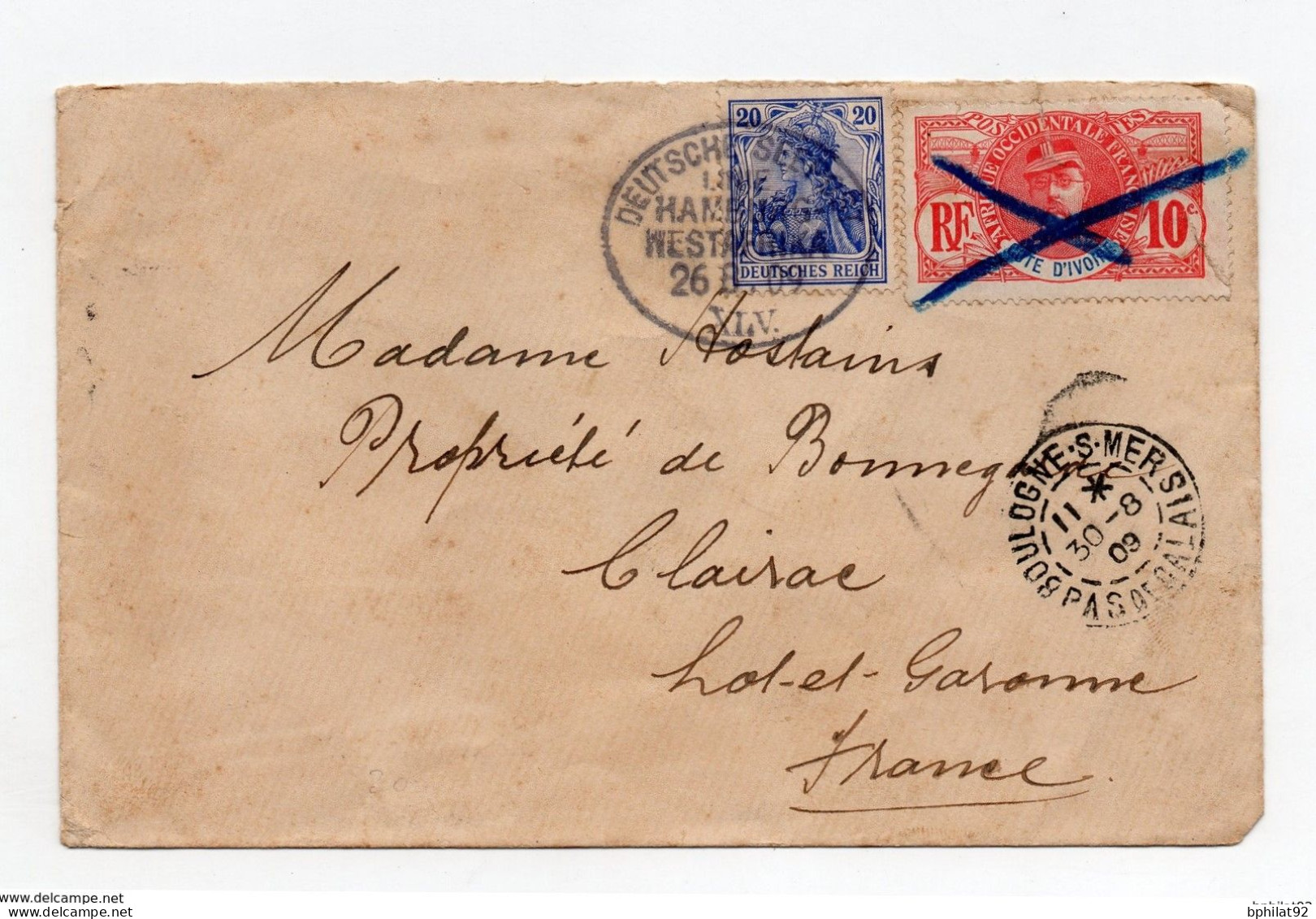 !!! COTE D'IVOIRE, LETTRE DE 1909 POUR CLAIRAC AVEC CACHET MARITIME ALLEMAND - Brieven En Documenten