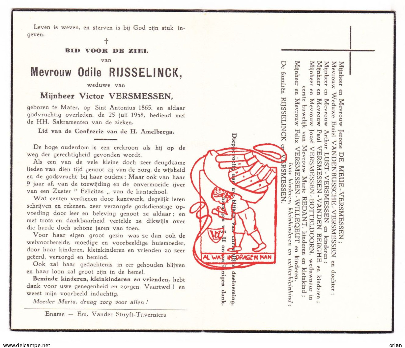 DP Odile Rijsselinck ° Mater Oudenaarde 1865 † 1958 X Victor Versmessen // De Meue Lust Botteldoorn Redant Willeqeut - Imágenes Religiosas