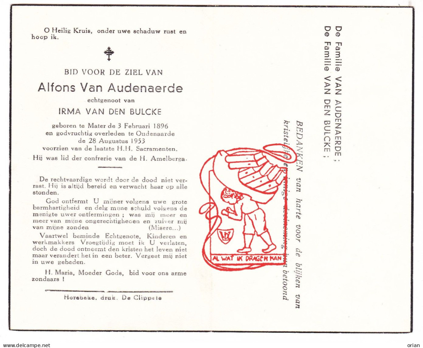 DP Alfons Van Audenaerde ° Mater 1896 † Oudenaarde 1953 X Irma Vandenbulcke Van Den Bulcke - Devotion Images