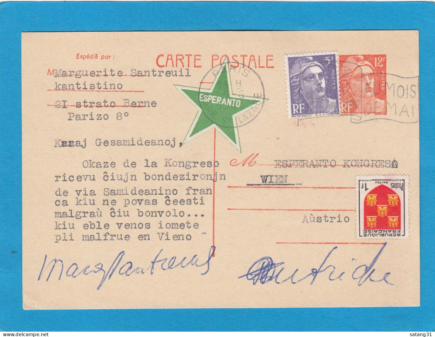 ENTIER POSTAL DE PARIS, AVEC STICKER,ECRITE ET ADRESSEE AU CONGRES "ESPERANTO" A VIENNE. - Cartes Postales Types Et TSC (avant 1995)