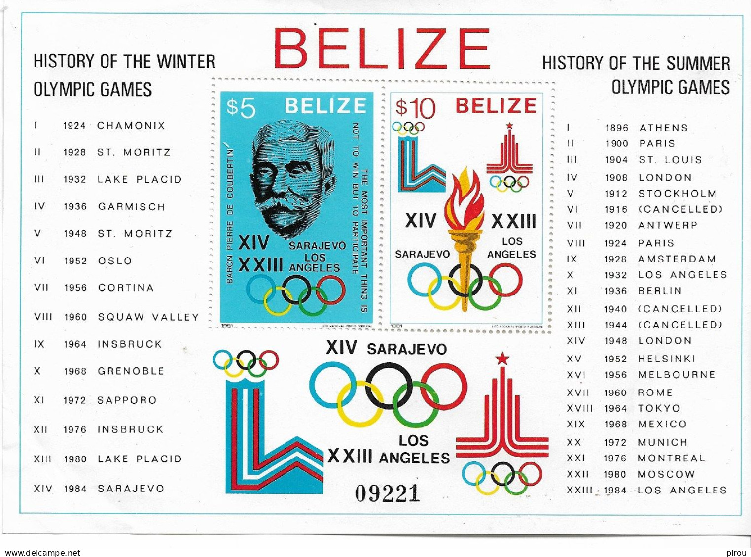 BELIZE : JEUX OLYMPIQUES De LOS ANGELES Et De SARAJEVO 1984 ( Bloc Feuillet ) - Ete 1984: Los Angeles