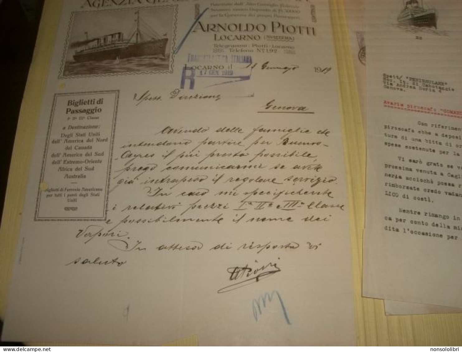 DOCUMENTO 1919 AGENZIA GENERALE MARITTIMA ARNOLDO PIOTTI LOCARNO 1919 - Historische Documenten