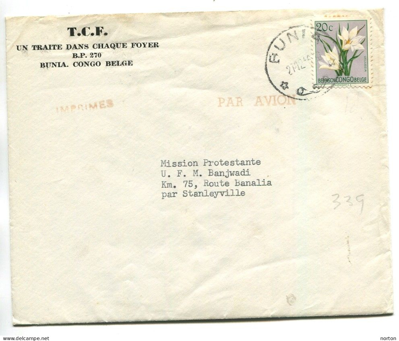 Congo Bunia Oblit. Keach 8A2 Sur C.O.B. 304 Sur Lettre Vers Banjwadi Le 21/12/1956 - Lettres & Documents