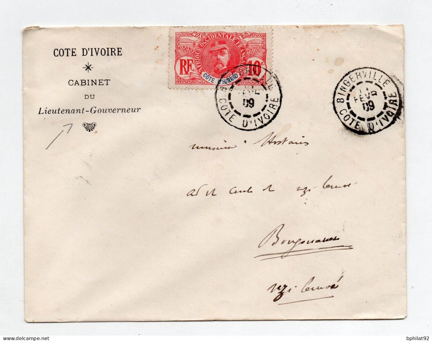 !!! COTE D'IVOIRE, LETTRE DE BINGERVILLE DE 1909, A EN-TETE DU CABINET DU LIEUTENANT-GOUVERNEUR, POUR BOUGOUANOU - Storia Postale