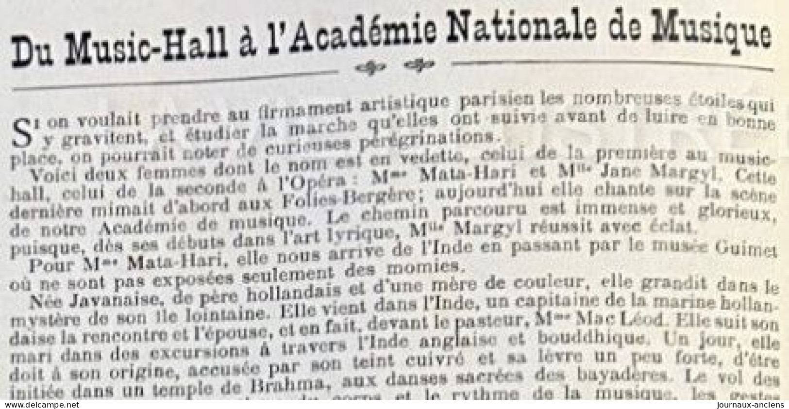 1905 MATHA HARI - Mlle MARGYL - DU MUSIC HALL A L'ACADEMIE NATIONALE DE MUSIQUE - LA VIE ILLUSTRÉE - 1900 - 1949