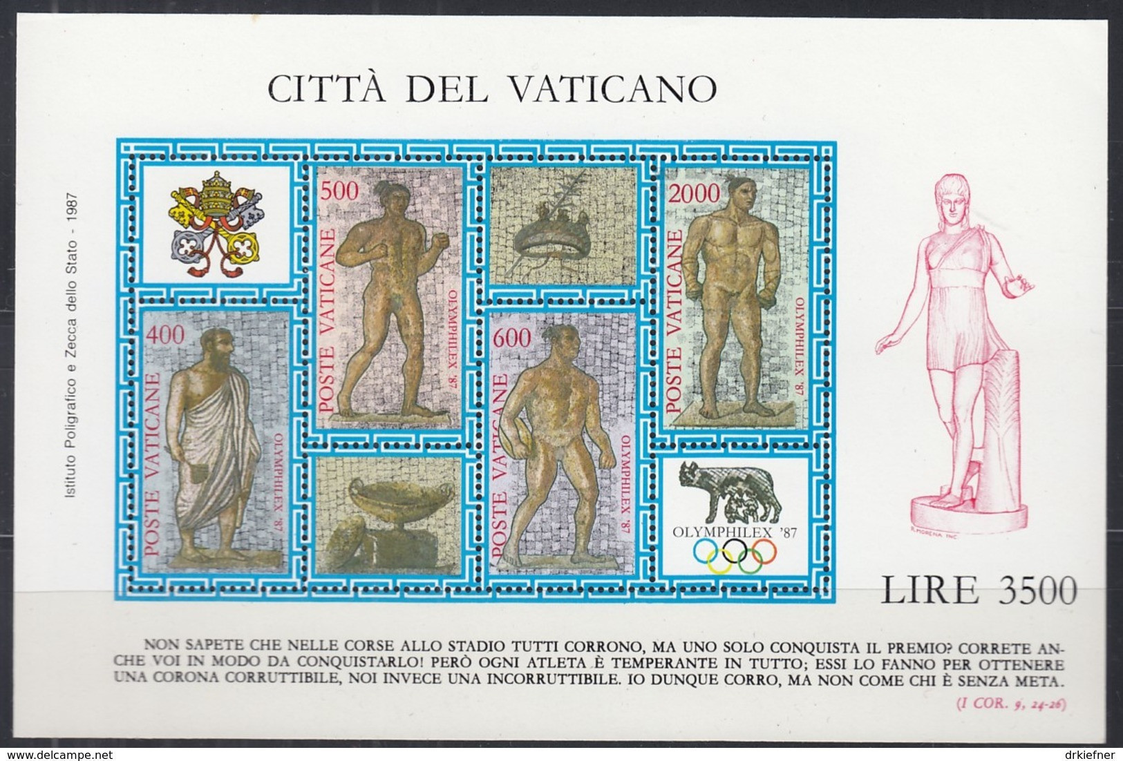 VATIKAN,  Block 9, Postfrisch **, Internationale Briefmarkenausstellung OLYMPHILEX ’87, Rom 1987 - Blocks & Kleinbögen