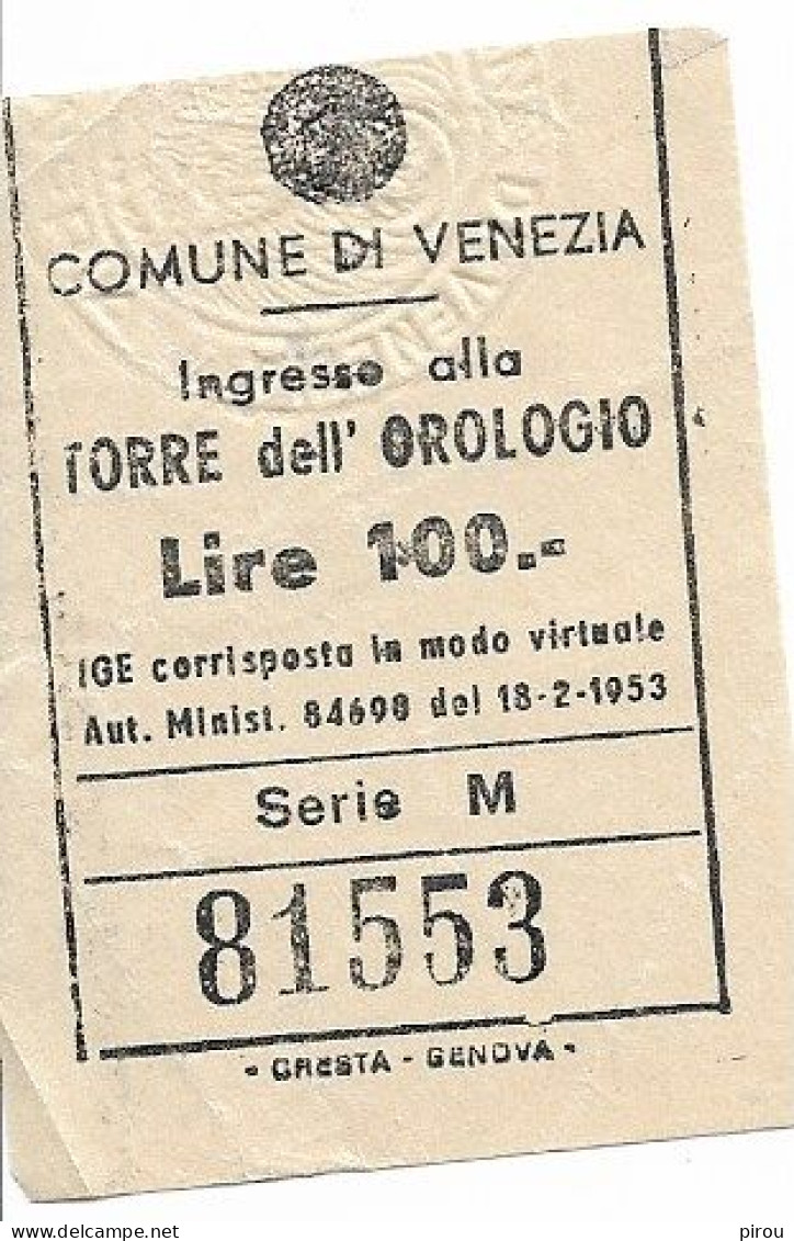 VENISE TORRE Dell' OROLOGIO 1965 - Biglietti D'ingresso