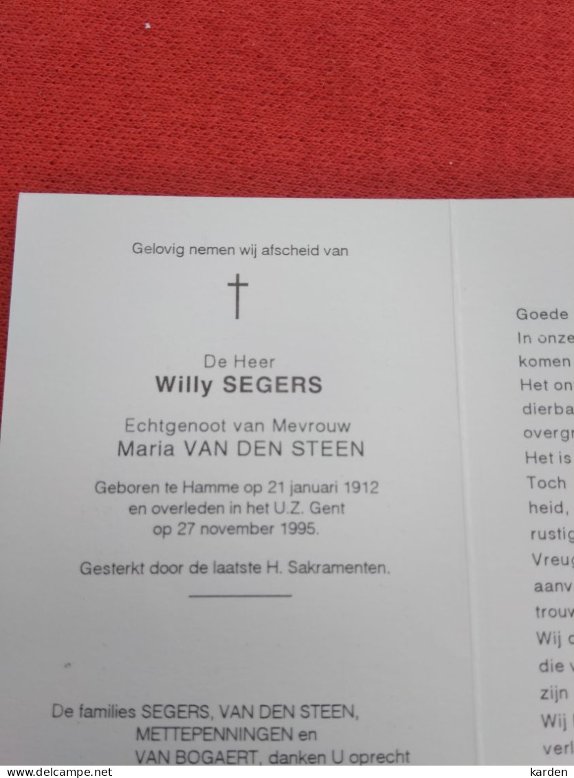 Doodsprentje Willy Segers / Hamme 21/1/1912 Gent 27/11/1995 ( Maria Van Den Steen ) - Religion & Esotérisme