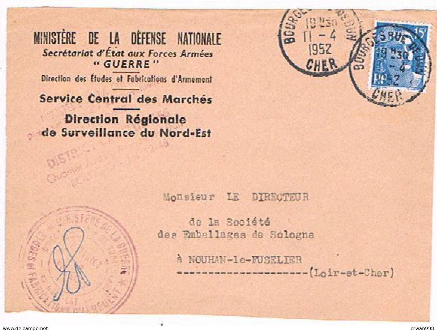 1 Devant Env 18 BOURGES / YT 886 Gandon, Cachet Manuel  11/4/1952 & 1 Env Entière CONDRIEU CP 1 Hexagonal Tireté  -  124 - Cachets Manuels