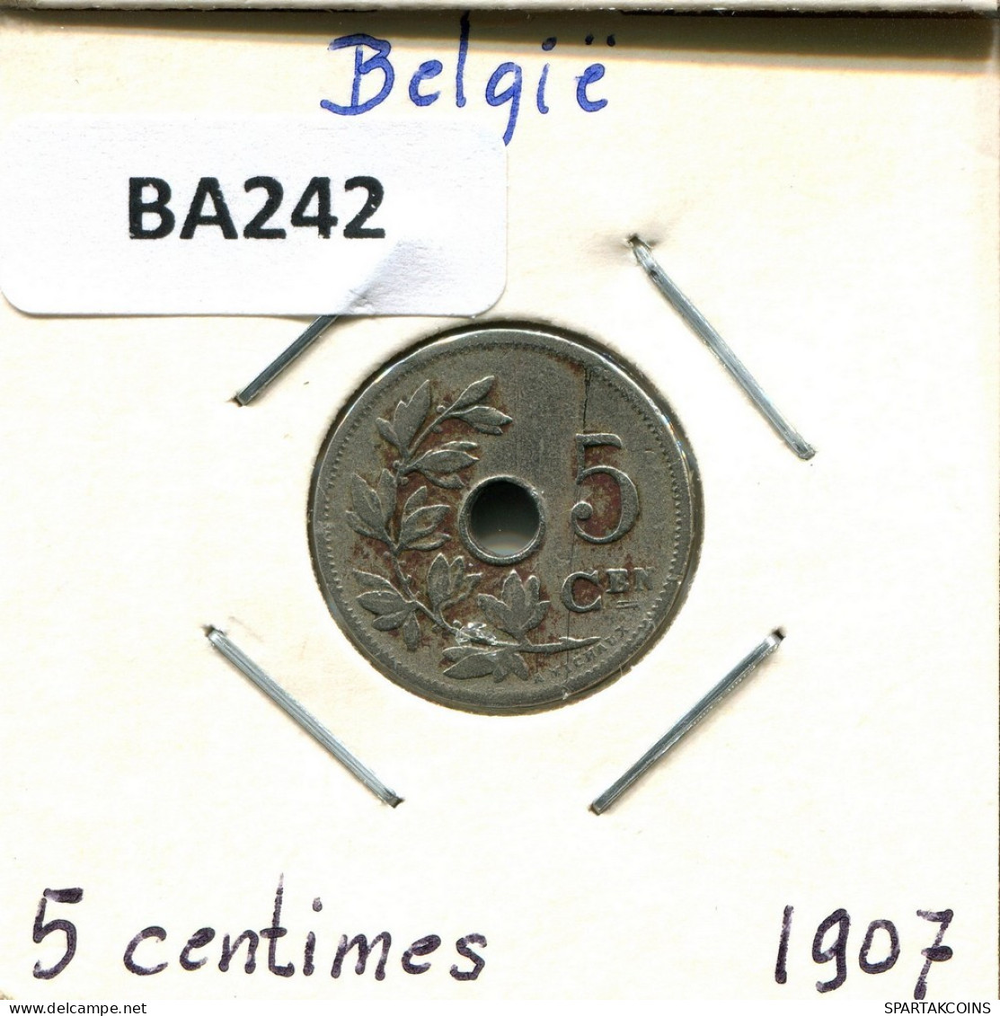 5 CENTIMES 1907 DUTCH Text BELGIQUE BELGIUM Pièce #BA242.F.A - 5 Cent