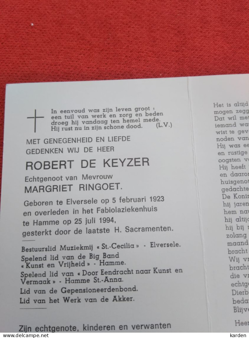 Doodsprentje Robert De Keyzer / Elversele 5/2/1923 Hamme 25/7/1994 ( Margriet Ringoet ) - Religion & Esotérisme