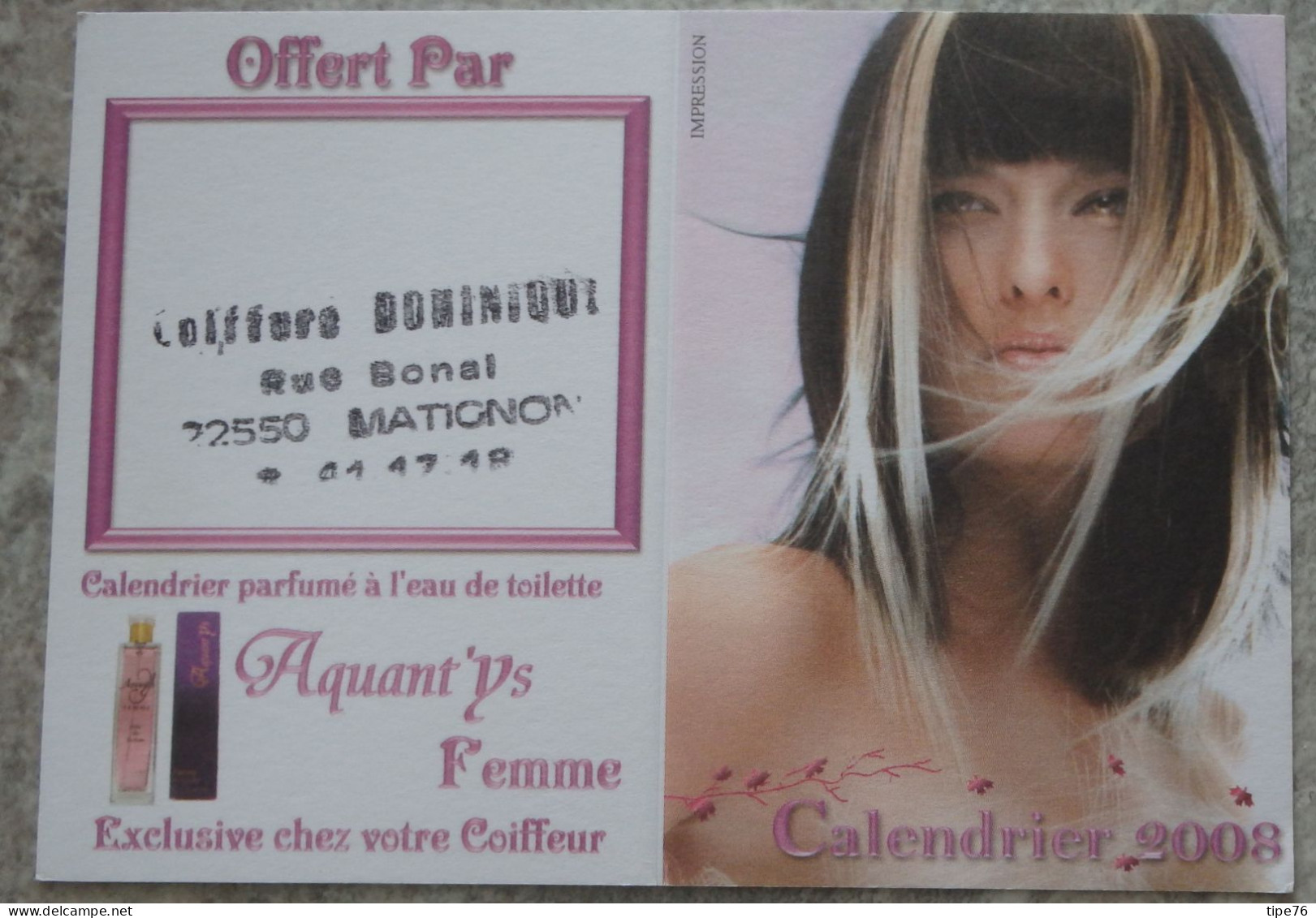 Petit Calendrier De Poche Parfumé 2008 Coiffeur Coiffure  Aquant'Ys Femme Matignon Côtes D'armor - Kleinformat : 2001-...