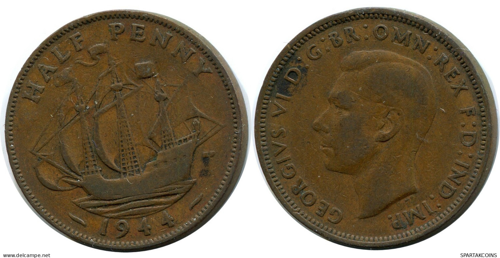 HALF PENNY 1944 UK GBAN BRETAÑA GREAT BRITAIN Moneda #AZ671.E.A - C. 1/2 Penny