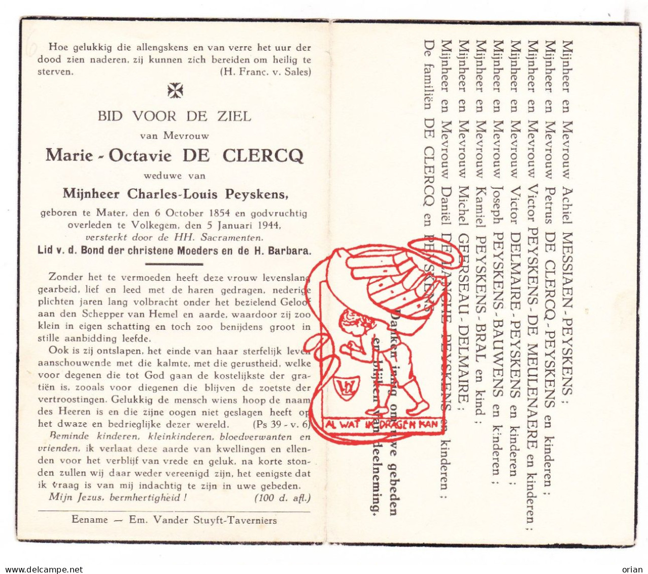 DP Marie Octavie De Clercq ° Mater Oudenaarde 1854 † Volkegem 1944 Peyskens Messiaen Delmaire Bauwens Geerseau Langhe - Devotion Images