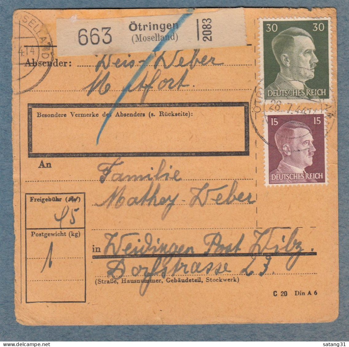 PAKETKARTE AUS ÖTRINGEN NACH WEIDINGEN,POST WILZ,27-7-44. - 1940-1944 Deutsche Besatzung