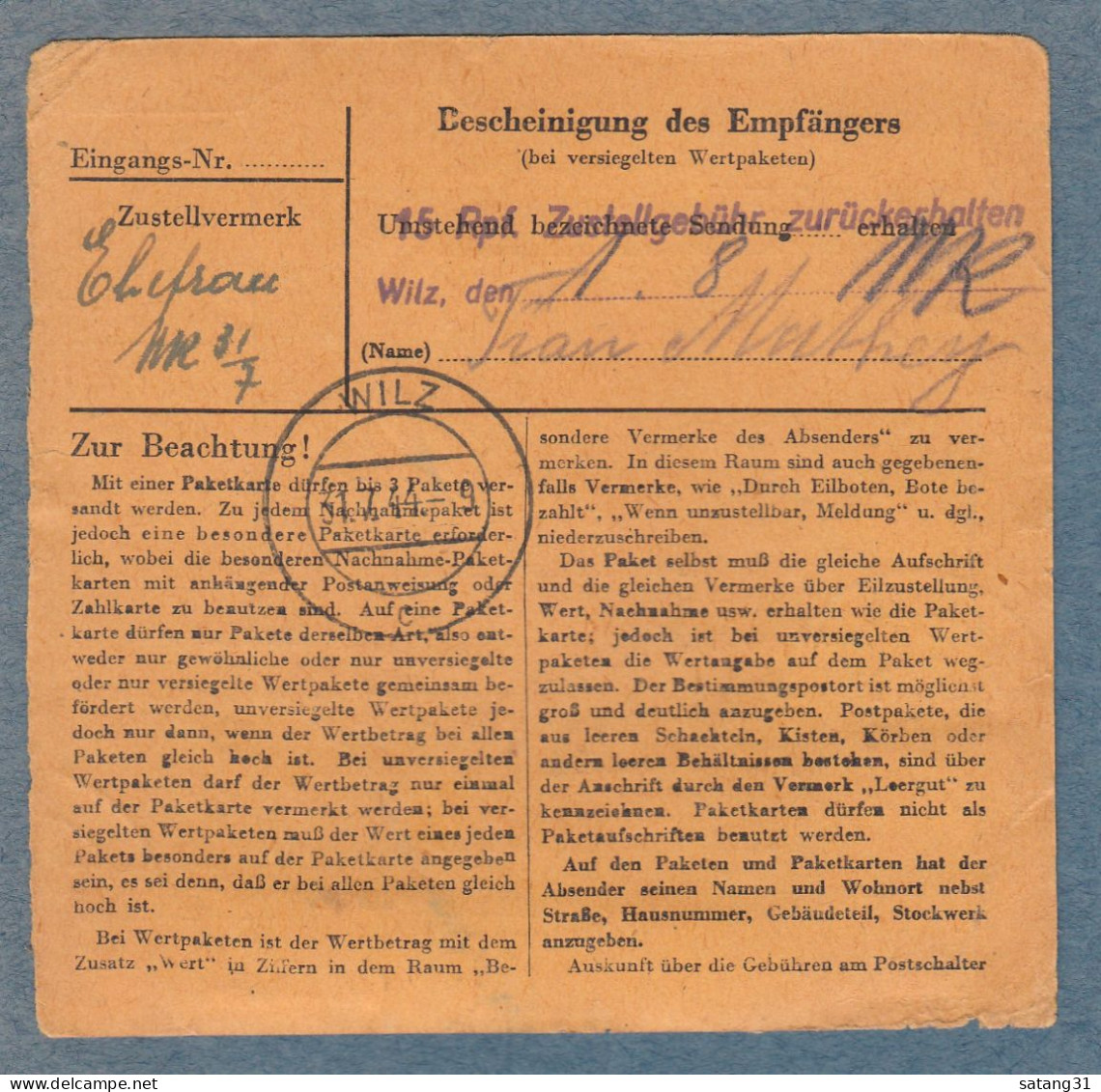 PAKETKARTE AUS ÖTRINGEN NACH WEIDINGEN,POST WILZ,27-7-44. - 1940-1944 Deutsche Besatzung