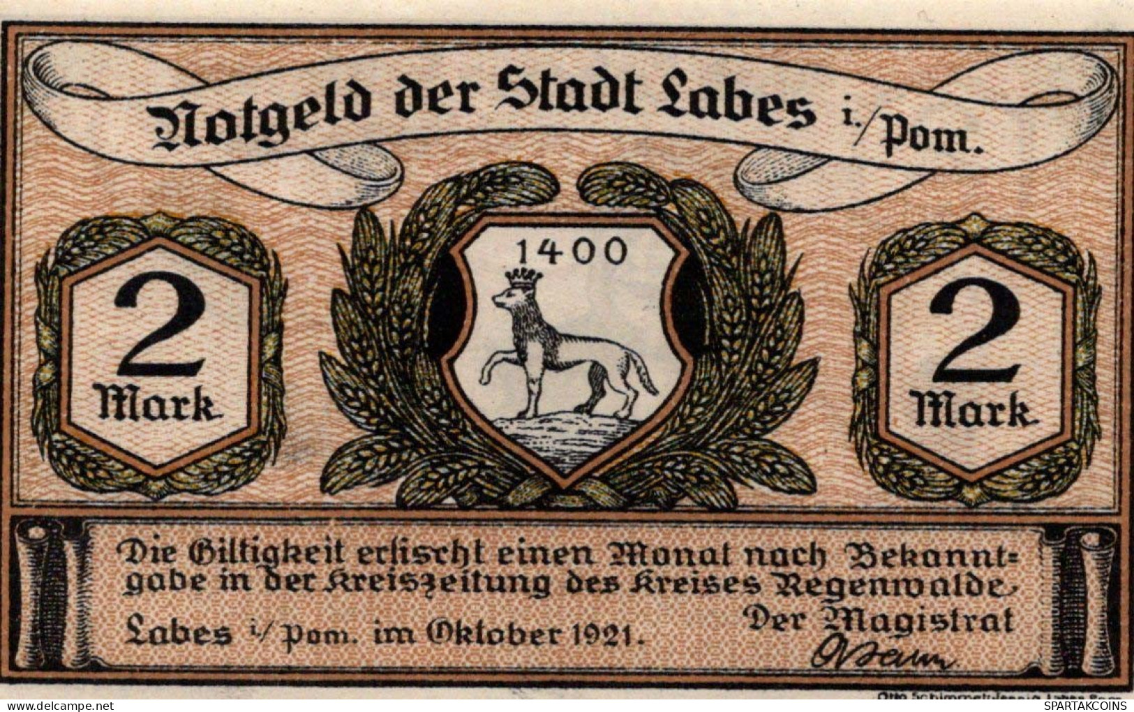2 MARK 1921 Stadt LABES Pomerania UNC DEUTSCHLAND Notgeld Banknote #PB877 - [11] Emissions Locales