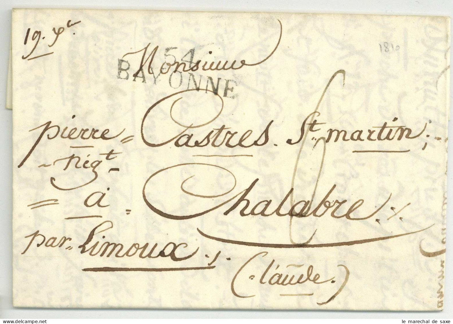 64 BAYONNE Pour Chalabre Par Limoux 1820 - 1792-1815: Veroverde Departementen