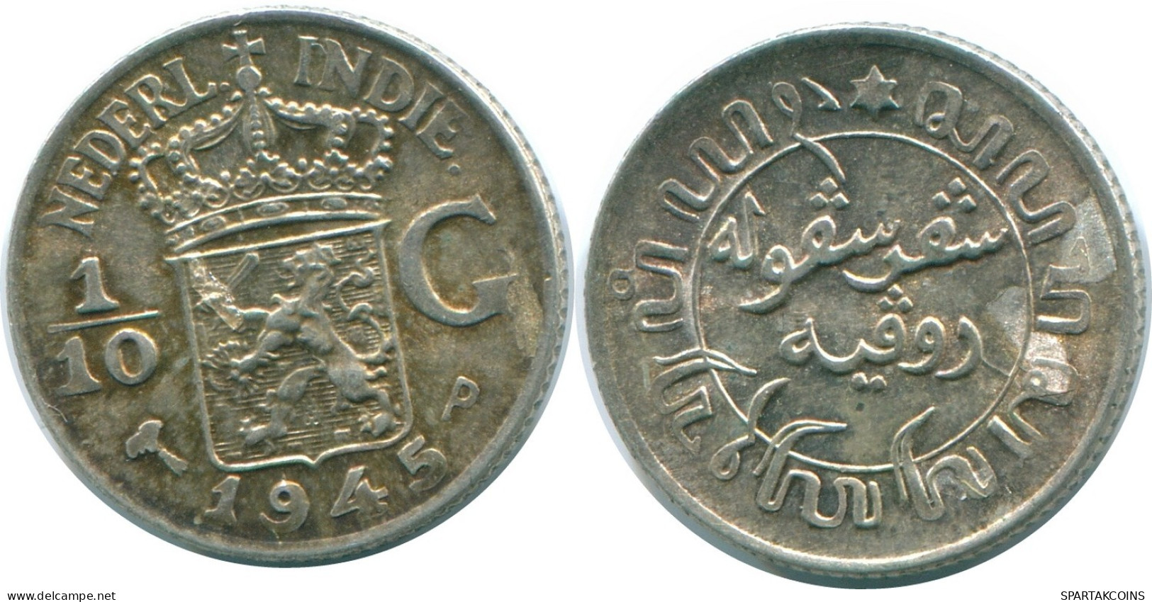 1/10 GULDEN 1945 P INDES ORIENTALES NÉERLANDAISES ARGENT Colonial Pièce #NL14174.3.F.A - Dutch East Indies