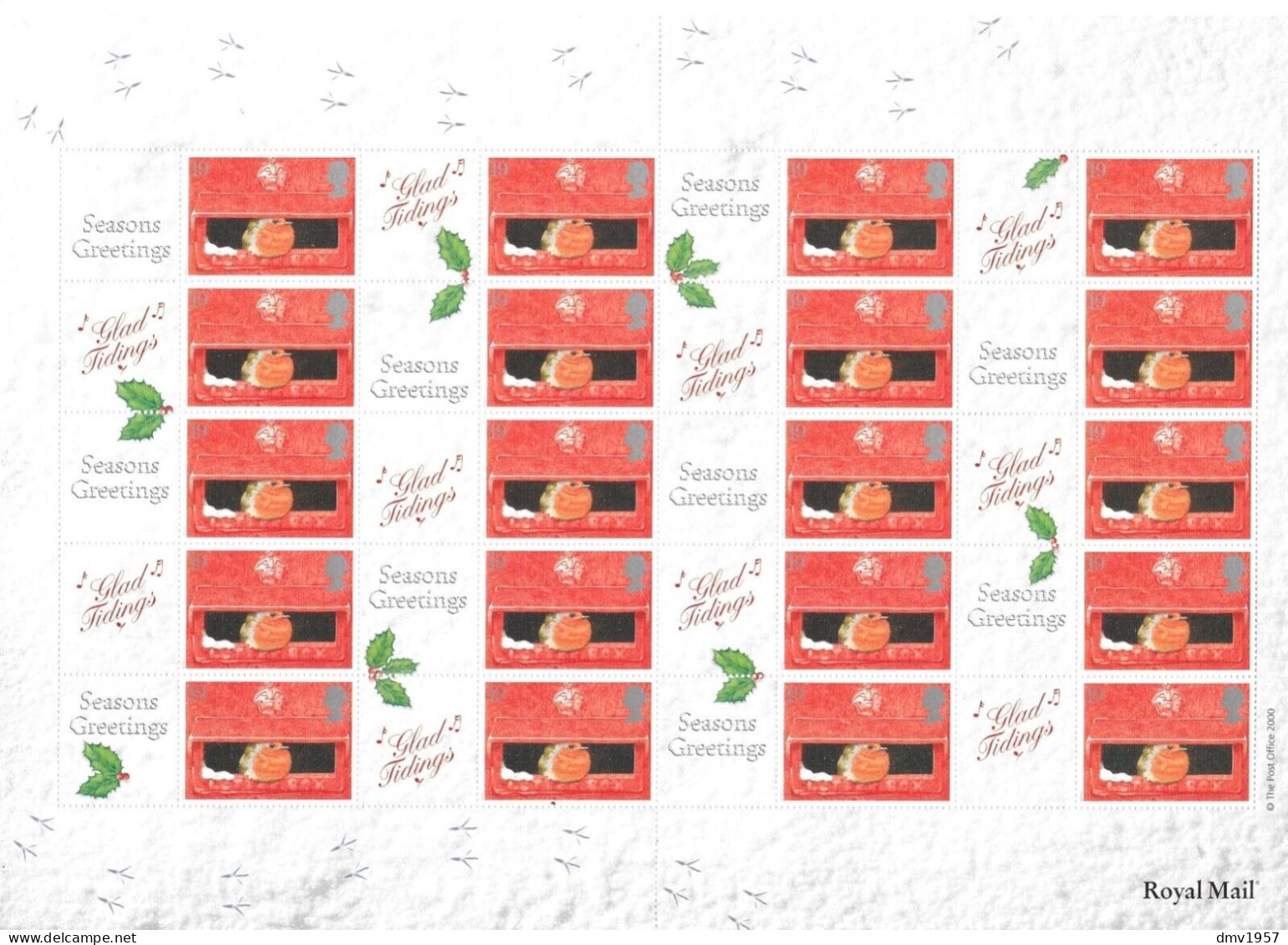Great Britain 2000 MNH Christmas Robins (19p X 20) Smiler Sheet LS2 - Ganze Bögen & Platten