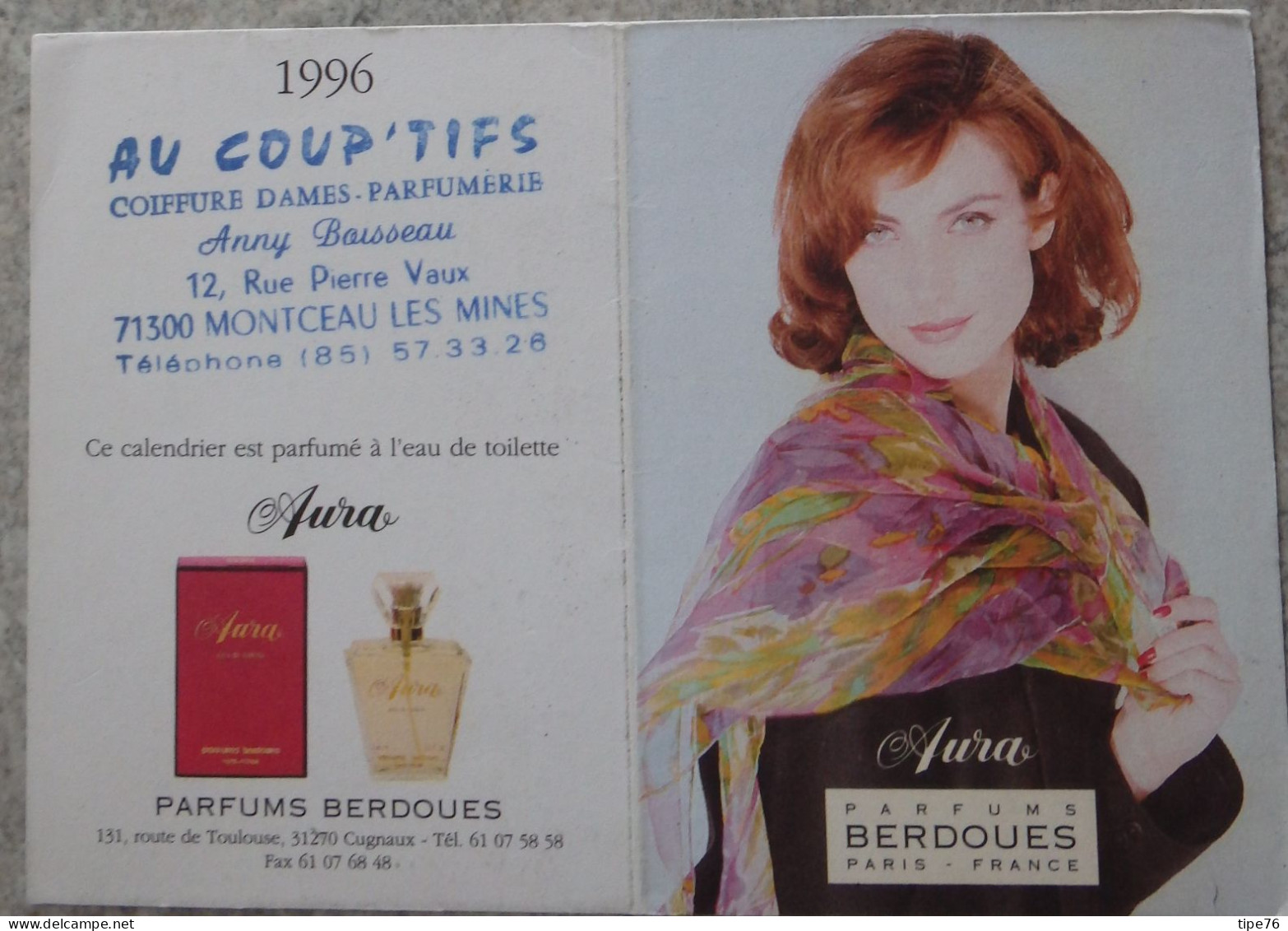 Petit Calendrier De Poche Parfumé 1996 Coiffeur Coiffure Berdoues Femme - Montceau Les Mines Saône Et Loire - Petit Format : 1991-00