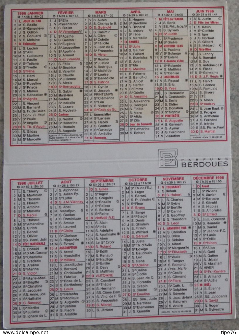 Petit Calendrier De Poche Parfumé 1996 Coiffeur Coiffure Berdoues Femme - Montceau Les Mines Saône Et Loire - Kleinformat : 1991-00