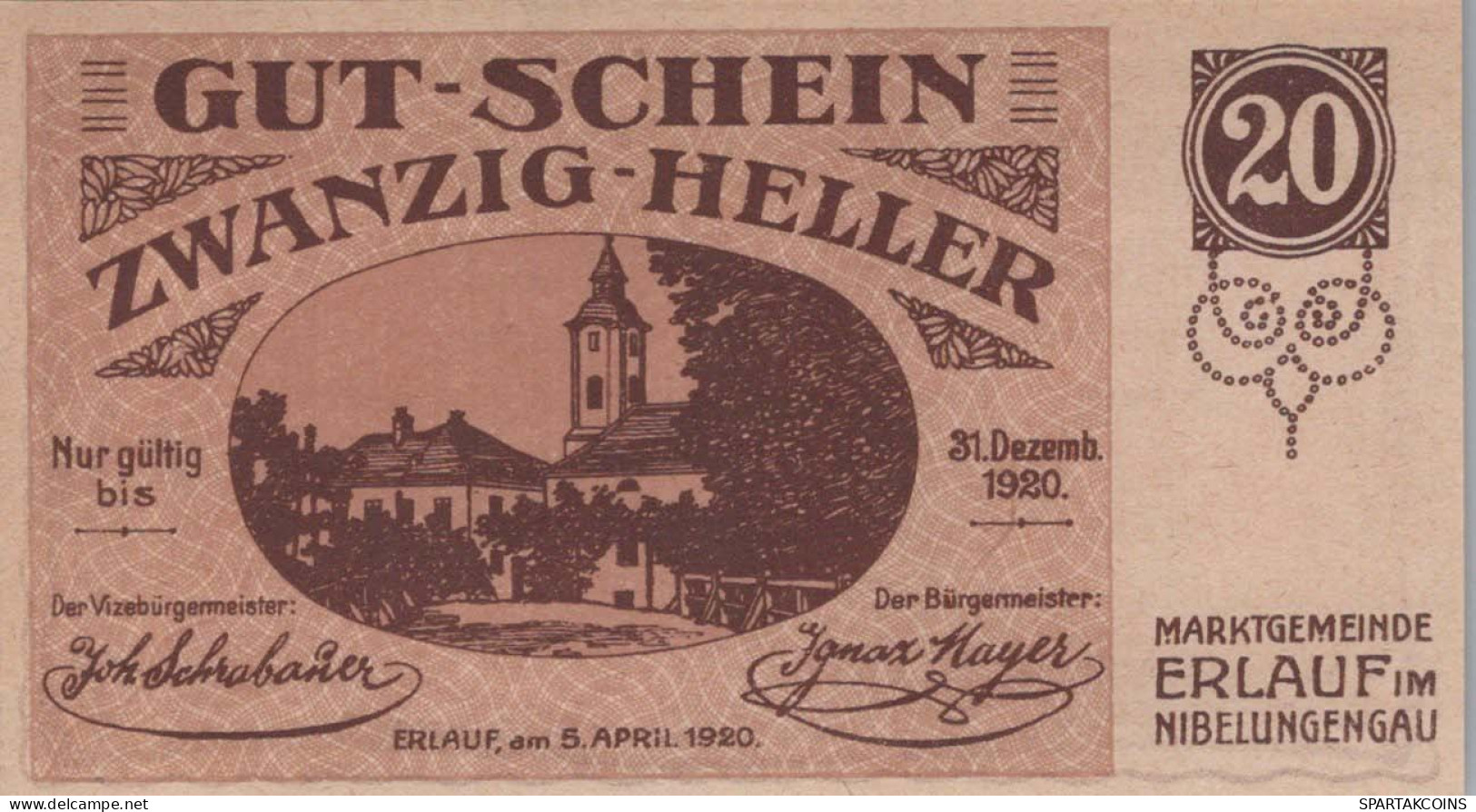 20 HELLER 1920 Stadt ERLAUF IM NIBELUNGENGAU Niedrigeren Österreich Notgeld Papiergeld Banknote #PG540 - [11] Local Banknote Issues