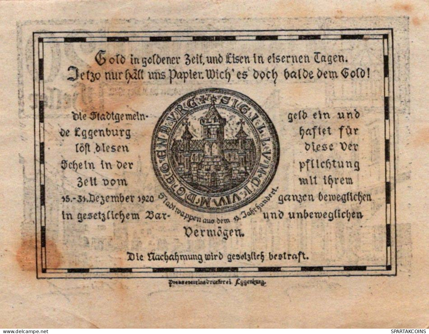 20 HELLER 1920 Stadt EGGENBURG Niedrigeren Österreich Notgeld Banknote #PF098 - [11] Local Banknote Issues