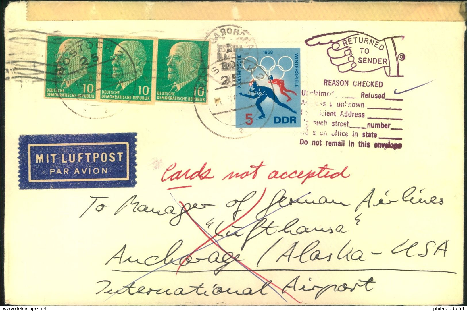 1963, Luftüostbrief Nach Anchridge/Alaska Dort Verweigert Und Zurück - Covers & Documents