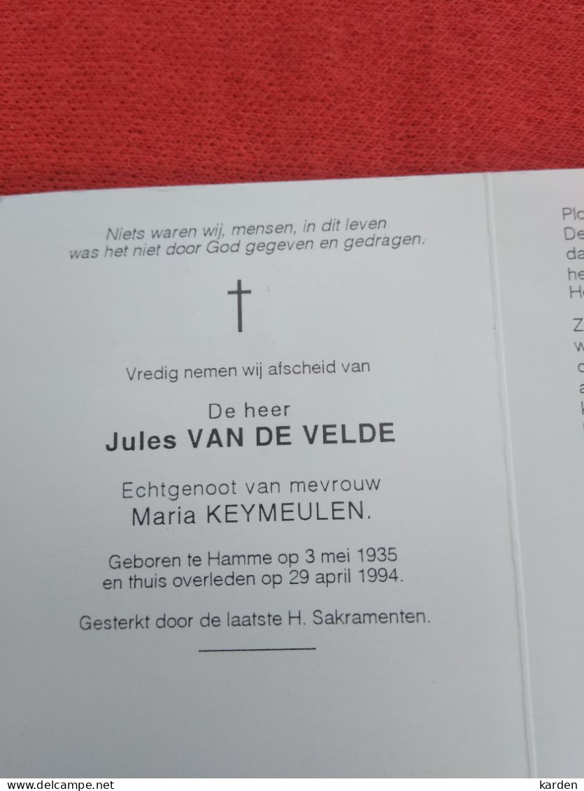 Doodsprentje Jules Van De Velde / Hamme 3/5/1935 - 29/4/1994 ( Maria Keymeulen ) - Religion & Esotérisme