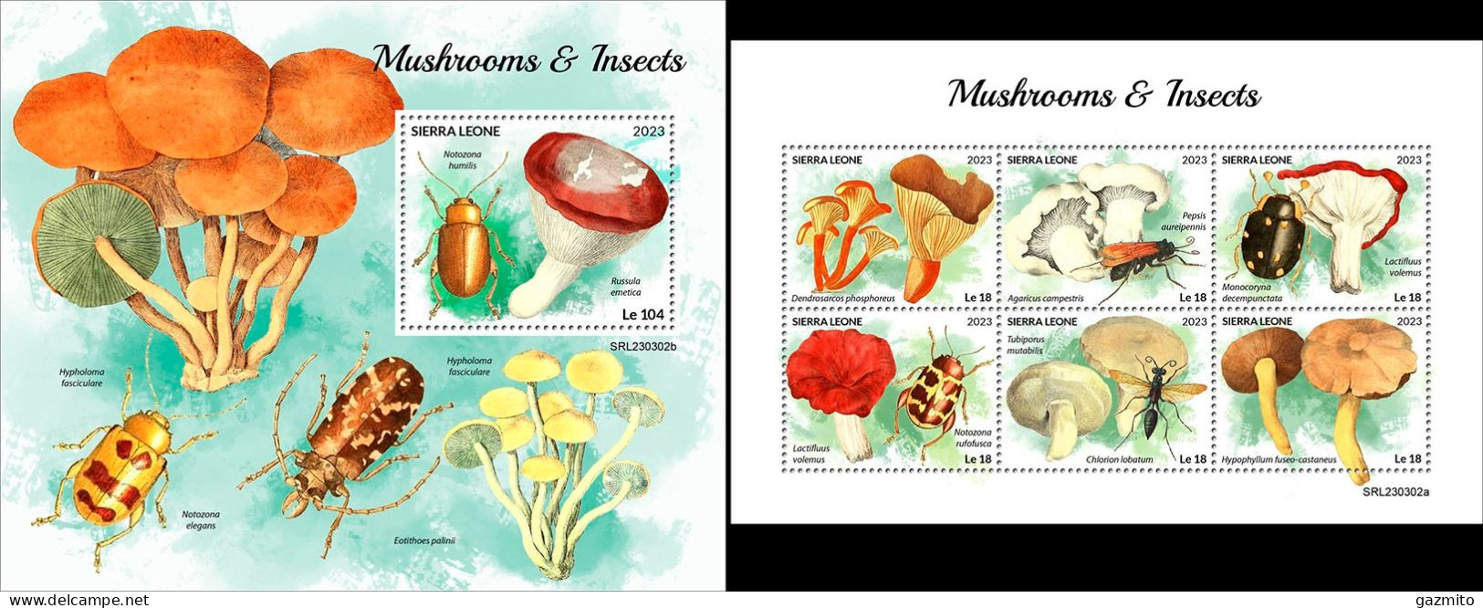 Sierra Leone 2023, Mushrooms And Insects, 6val In BF +BF - Sierra Leone (1961-...)