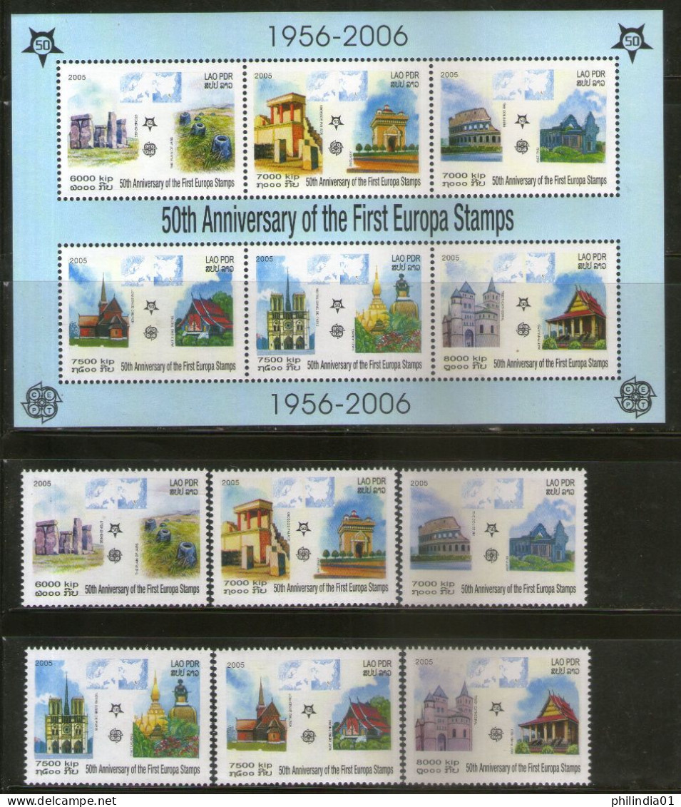 Laos 2005 Europa Historical Monuments Sc 1668-73a Set+M/s MNH # 5238 - Monuments