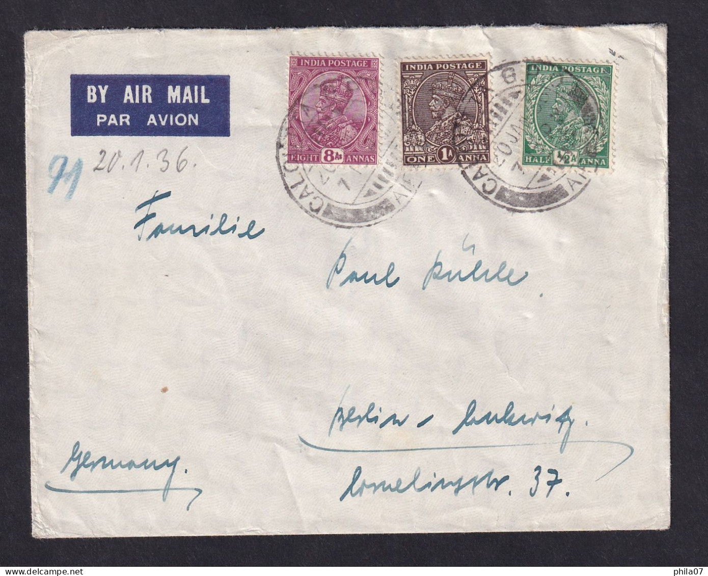 INDIA - Small Size Envelope Sent Via Air Mail From India To Berlin, Germany 1936, Nice Franking / 2 Scans - Altri & Non Classificati
