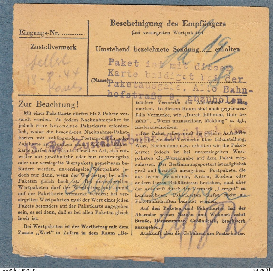 PAKETKARTE AUS MERSCH,VERSCHIEDENE STPLN. AUF DER RÜCKSEITE,SPÄTVERWENDUNG 17-8-44. - 1940-1944 Duitse Bezetting