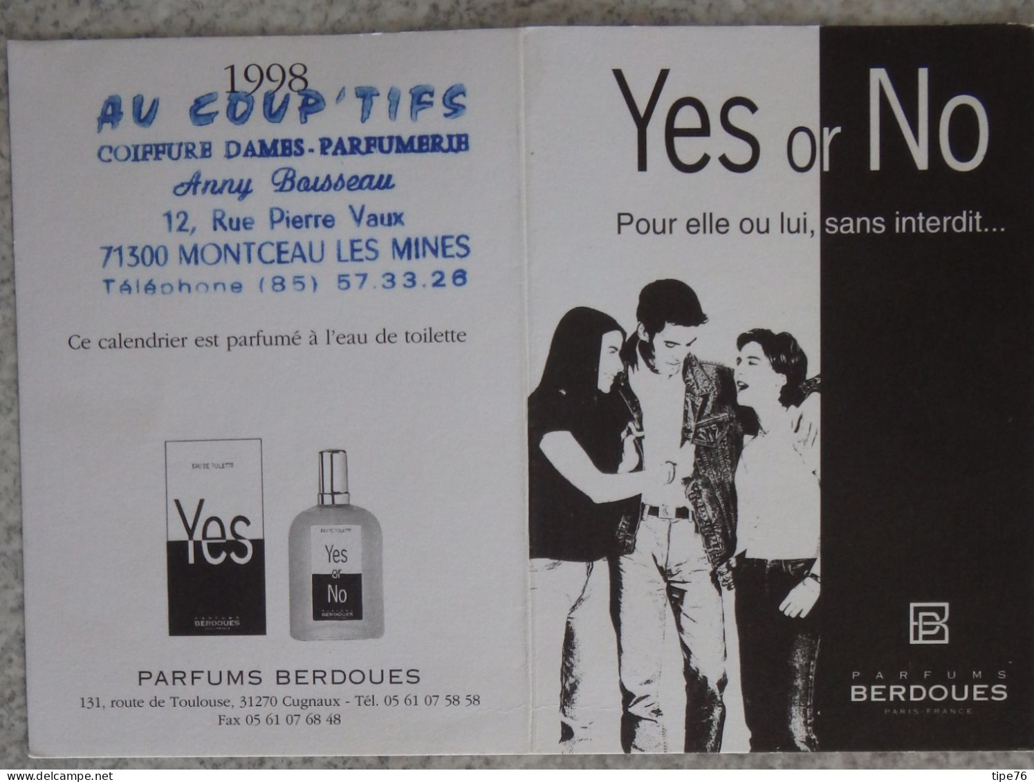 Petit Calendrier De Poche Parfumé 1998 Coiffeur Coiffure Berdoues Yes Or No - Montceau Les Mines Saône Et Loire - Klein Formaat: 1991-00