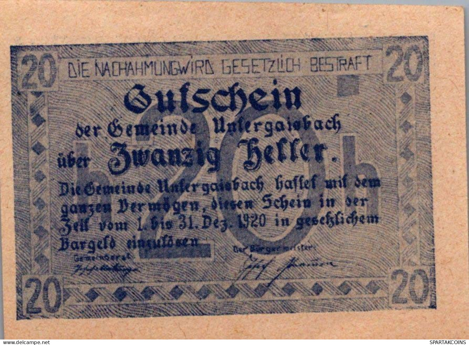 20 HELLER 1920 Stadt UNTERGAISBACH Oberösterreich Österreich Notgeld #PF267 - [11] Lokale Uitgaven