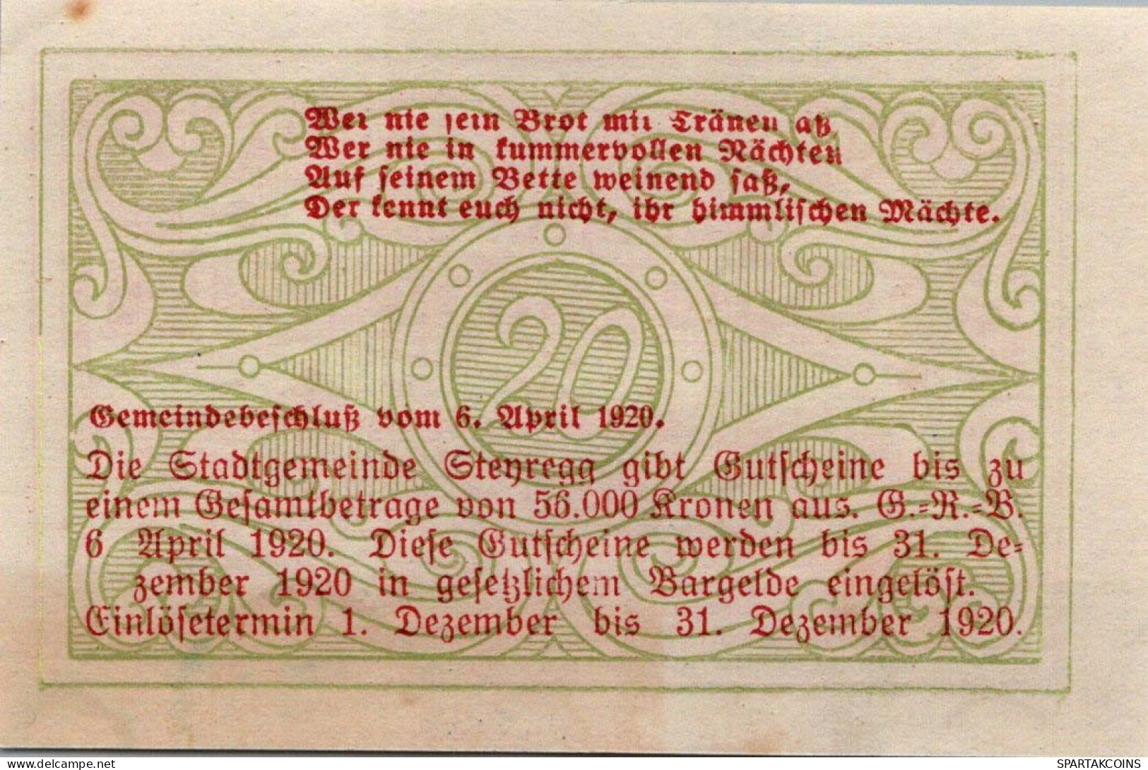 20 HELLER 1920 Stadt STEYREGG Oberösterreich Österreich Notgeld Banknote #PE615 - [11] Lokale Uitgaven