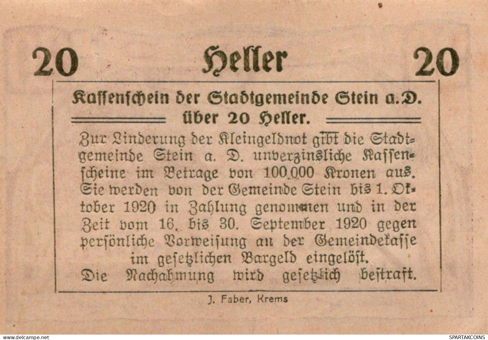 20 HELLER 1920 Stadt STEIN AN DER DONAU Niedrigeren Österreich Notgeld #PE859 - [11] Lokale Uitgaven