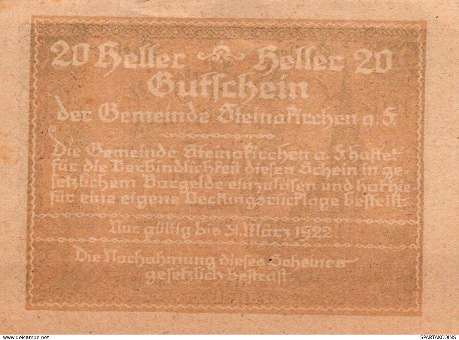 20 HELLER 1920 Stadt STEINAKIRCHEN AM FORST Niedrigeren Österreich #PF060 - [11] Lokale Uitgaven
