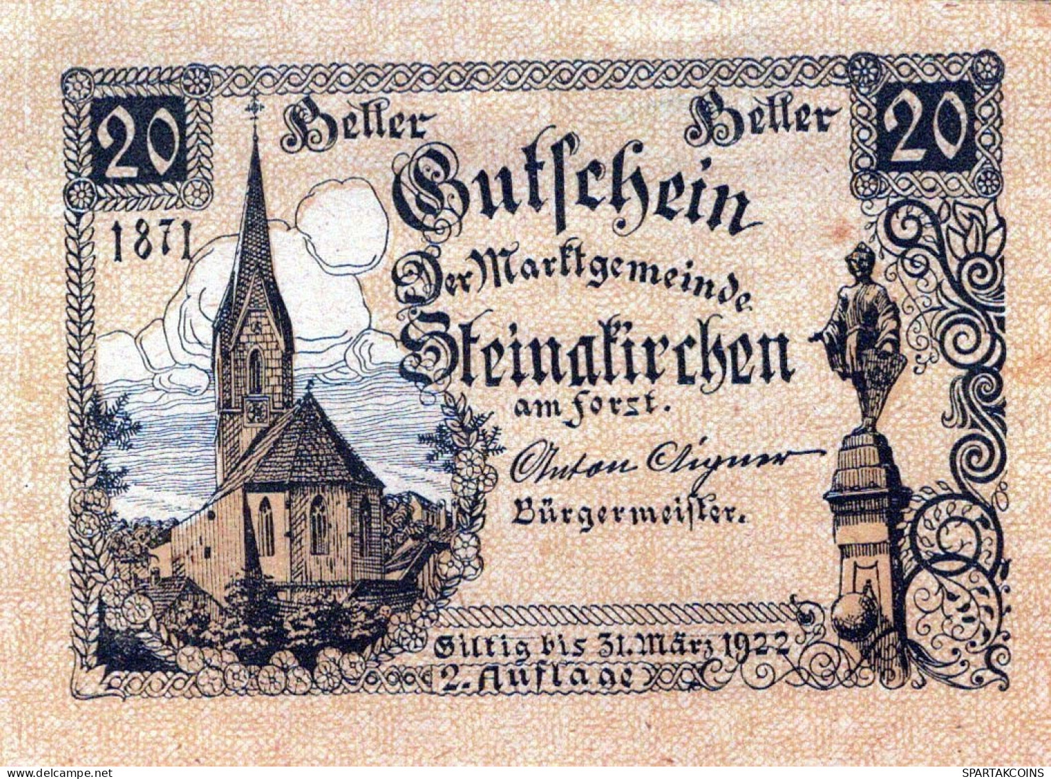 20 HELLER 1920 Stadt STEINAKIRCHEN AM FORST Niedrigeren Österreich #PF060 - [11] Lokale Uitgaven