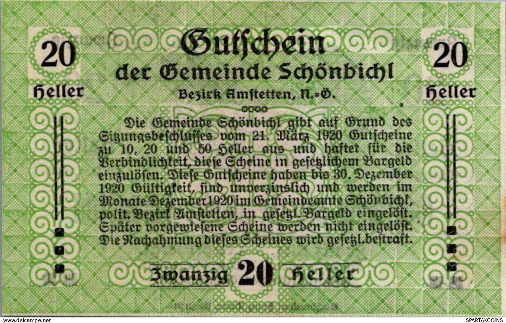 20 HELLER 1920 Stadt SCHoNBICHEL Niedrigeren Österreich Notgeld #PE789 - [11] Emisiones Locales