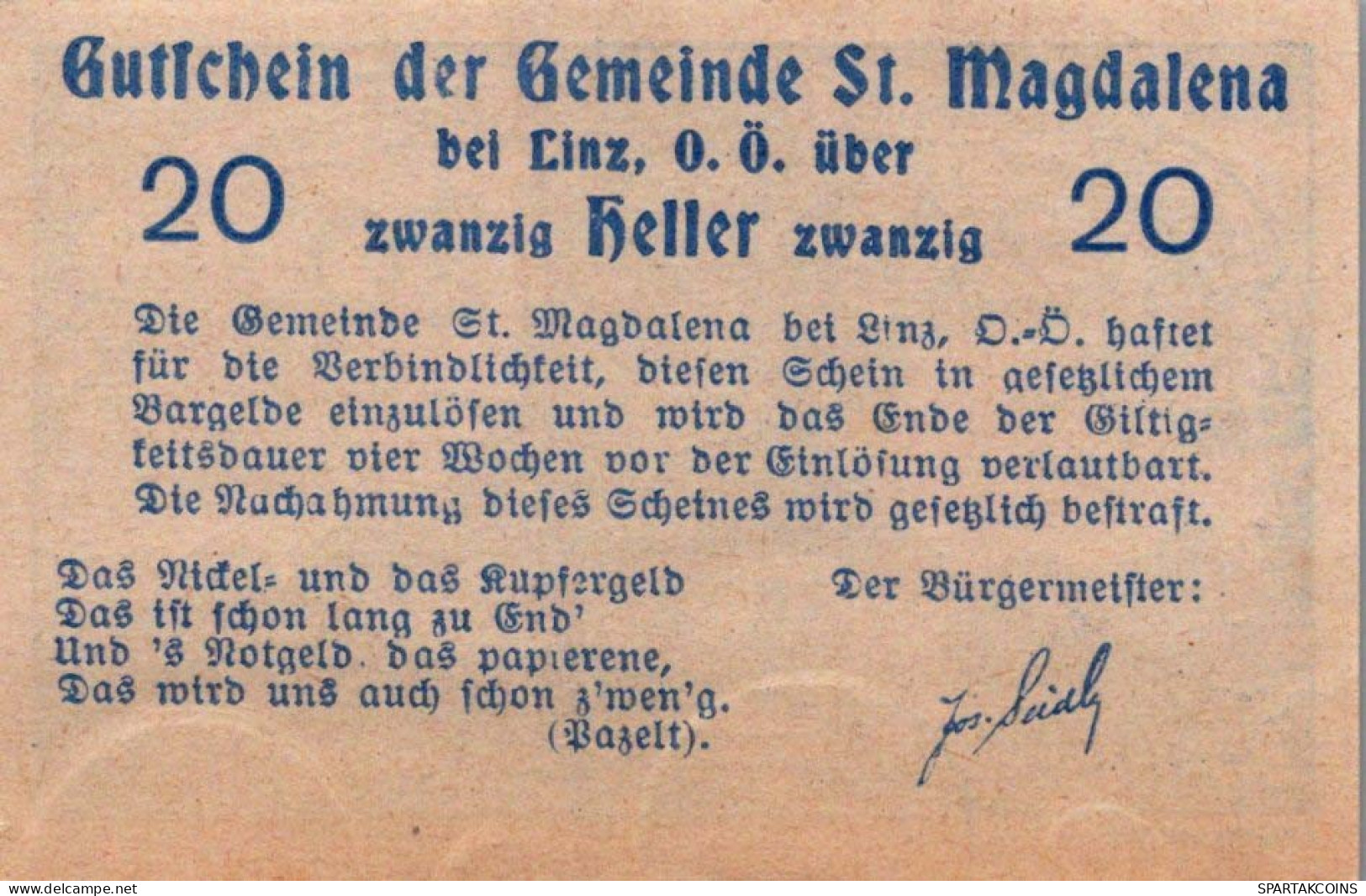 20 HELLER 1920 Stadt SANKT MAGDALENA BEI LINZ Oberösterreich Österreich #PE804 - [11] Emisiones Locales
